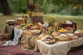 a beautiful picnic spread with platters of food, blankets, and baskets