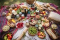 a beautiful picnic spread with platters of food, blankets, and baskets