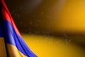 Beautiful picture of Armenia flag hangs diagonal on yellow with soft focus and empty place for your text - any holiday flag 3d