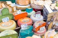 Beautiful picture of colorful different types of cheese in the market
