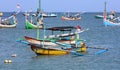 Beautiful picture of fishing boats at Jimbaran Bay at Bali Indonesia, beach, ocean, fishing boats and airport in photo. Royalty Free Stock Photo