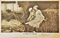 Antique postcard with a lovely couple fishing in a pond with water lilies Royalty Free Stock Photo