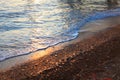 A beautiful picture of a sea wave with foam running onto the beach in the rays of the setting sun. Sea waves at sunset Royalty Free Stock Photo