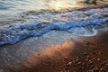 A beautiful picture of a sea wave with foam running onto the beach in the rays of the setting sun. Sea waves at sunset Royalty Free Stock Photo