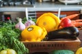 Beautiful picture of vegetables. Focus on the young squash squash. Carrots, tomatoes, cucumbers, eggplants, patissons on the backg Royalty Free Stock Photo