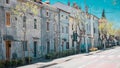 Beautiful picturesque istrian town road or street with old trees and stone houses standing in a row. Typical houses in Istria part