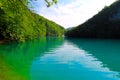 Beautiful picturesque Plitvice Lake in the Croatian National Park. Clean green water in the small mountain river. Natural water Royalty Free Stock Photo