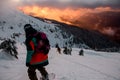 Beautiful picturesque scene of mountain landscape and freeride skier at foreground Royalty Free Stock Photo