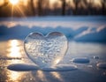 Piece of ice in the shape of a heart illuminated by rays of sun on a winter background Royalty Free Stock Photo