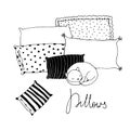 Beautiful pillows and cute cat on a white background.