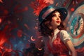 Beautiful Pin-up Girl In Red Dress And Hat. Retro Style. Happy New Year With Copy Space