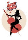 Beautiful pin up girl silhouette dressed in the old American style of the 50s holding a double bass representing a typical icon of Royalty Free Stock Photo