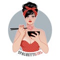 Beautiful pin up girl wearing 50`s style clothes and headscarf, eating noodles or spaghetti with chopsticks