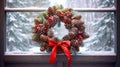 Winter Wreath on Wooden Door with Snowy Landscape