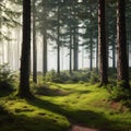 a beautiful pine and fir forest in Sweden with a thick layer of green moss cover...