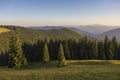 On a sunny summer day, the view from the plateau to the forest and mountains. Blue sky, lots of green grass and trees. Royalty Free Stock Photo