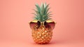 A beautiful pineapple stands against a peach-colored background in gold sunglasses