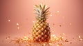 A beautiful pineapple stands on a peach-colored background, golden confetti falling from above