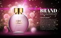 Beautiful Pink Bottle Womens Perfume Products. Cosmetic Fragrance. Spring Aroma Liquid. Blurred Light Bokeh Background