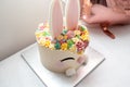 Beautiful pink cake with bunny for children& x27;s birthday