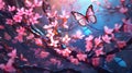 Beautiful pink cherry blossoms and butterfly on a branch in spring Royalty Free Stock Photo