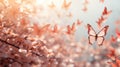 Beautiful pink cherry blossoms with butterfly in sunlight. Spring background. Peach Fuzz color