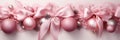 Beautiful pink Christmas banner with pink and silver decoration balls and bows. Trendy pink Christmas background Royalty Free Stock Photo