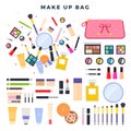 Big set of different decorative cosmetics. Contents of women`s cosmetic bag. All for make-up. Vector illustration.