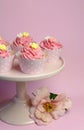 Beautiful pink decorated cupcakes on pink cake stand - with pink flower, vertical.