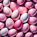 beautiful pink decorated and painted Easter eggs on pink background, top view closeup Royalty Free Stock Photo