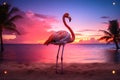 Beautiful pink flamingo in lake with reflection on beautiful sunset background. AI Royalty Free Stock Photo