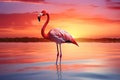 Beautiful pink flamingo in lake with reflection on beautiful sunset background. AI Royalty Free Stock Photo