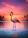 Beautiful pink flamingo in lake with reflection on beautiful sunset background. AI