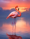 Beautiful pink flamingo in lake with reflection on beautiful sunset background. AI Royalty Free Stock Photo