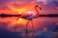 Beautiful pink flamingo in lake with reflection on beautiful sunset background. AI Royalty Free Stock Photo