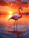 Beautiful pink flamingo in lake with reflection on beautiful sunset background. AI Royalty Free Stock Photo