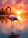 Beautiful pink flamingo in lake with reflection on beautiful sunset background. AI Royalty Free Stock Photo