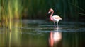 Solitary Pink Flamingo in Shallow Pond