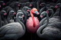 Beautiful pink flamingo surrounded by gray birds. AI generated.