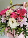 Beautiful pink flower box with gerberas, eustoma, chrysanthemums, pistachios, gypsophila on a white table. Minimalist Royalty Free Stock Photo