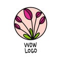 Beautiful pink flower logo with green elements and pink background