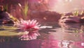 A beautiful pink flower reflections in a tranquil pond generated Royalty Free Stock Photo