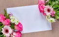 Pink flowers bouquet on white greeting card paper, copy space Royalty Free Stock Photo