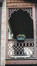 Beautiful pink flowers in a pot on a wooden balcony in summer