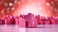 Beautiful pink gift box with heart, with of pink bokeh in the shape of hearts. Festive background.