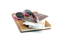 Beautiful pink glasses and Thailand passport with Thai cash on Royalty Free Stock Photo