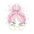 Beautiful pink hair color young woman in glasses. Hand drawn stylish woman portrait. Fashion lady. Sketch