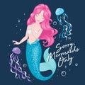 Beautiful pink hair mermaid on a dark background. Cute Mermaid with jellyfish , for t shirts or kids fashion artworks, children