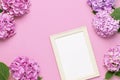 Beautiful pink hydrangea flowers, white wooden photo frames on pink background top view flat lay copy space. Flower card. Holiday Royalty Free Stock Photo