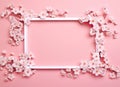 Beautiful pink hydrangea flowers, white wooden photo frames on pink background top view flat lay copy space. Flower card Royalty Free Stock Photo